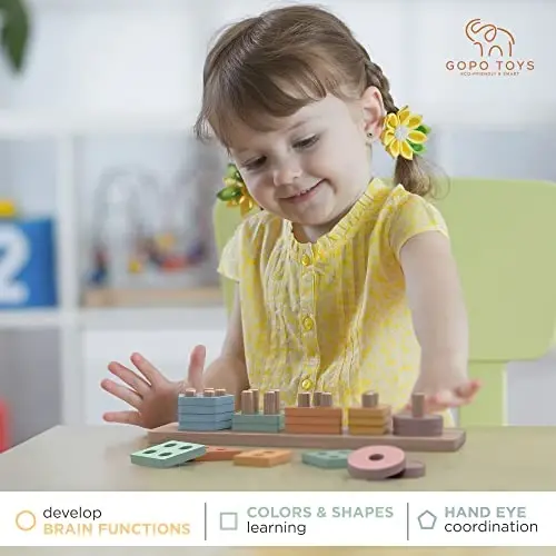 GOPO TOYS 1+ Yaş için Montessori Oyuncakları – Ahşap Şekil Eşleştirici ve İstifleme Bulmacası – Çocuk Öğrenme, İnce Motor Becerileri ve Erkek ve Kız Çocuklar için Gelişimsel Oyuncak - 5