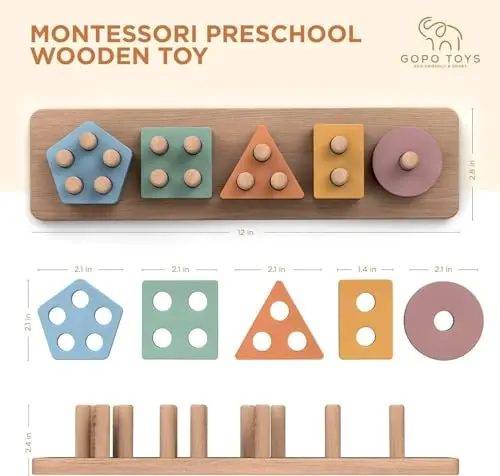 GOPO TOYS 1+ Yaş için Montessori Oyuncakları – Ahşap Şekil Eşleştirici ve İstifleme Bulmacası – Çocuk Öğrenme, İnce Motor Becerileri ve Erkek ve Kız Çocuklar için Gelişimsel Oyuncak - 6