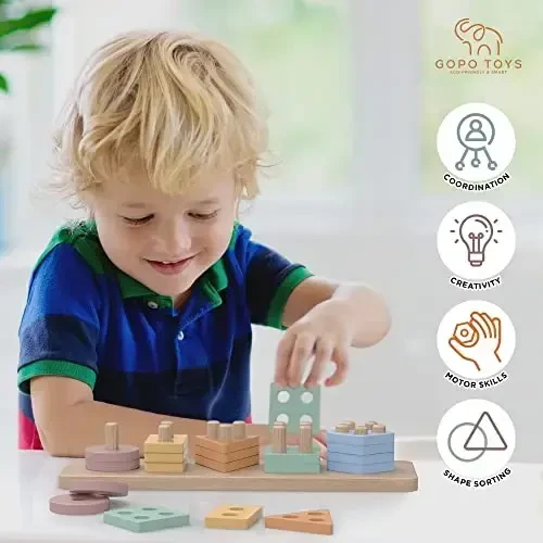GOPO TOYS 1 yoshdan oshganlar uchun Montessori o'yinchoqlari – Yog'och shakl saralash va o'rnatish jumboqlari – Bolalar uchun ta'lim, nozik motorika va o'g'il va qiz bolalar uchun rivojlantiruvchi o'yinchoq - 3