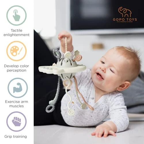 GOPO TOYS Baby Airplane Toys – Montessori Silicone Pull String Fidget for Babies 18 Months+ – Travel Toy for Plane, Car, and Stroller – Teether & Sensory Play - 5