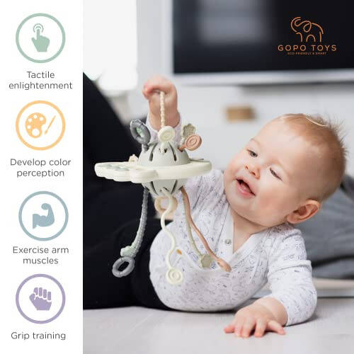 GOPO TOYS Baby Airplane Toys – Montessori Silicone Pull String Fidget for Babies 18 Months+ – Travel Toy for Plane, Car, and Stroller – Teether & Sensory Play - 5