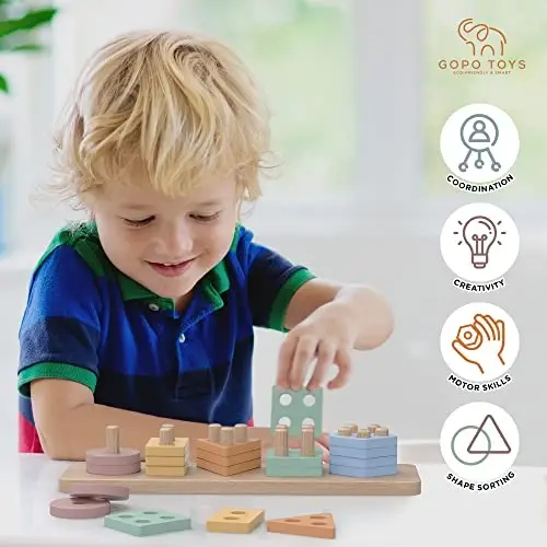 GOPO TOYS Montessori Toys for 1+ Year Old – Wooden Shape Sorter & Stacking Puzzle – Toddler Learning, Fine Motor Skills & Developmental Toy for Boys & Girls - 3