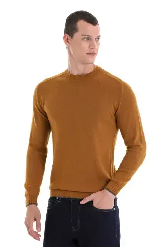 Горчичный Regular Fit Однотонный Трикотаж из Шерсти с Круглым Вырезом - 1