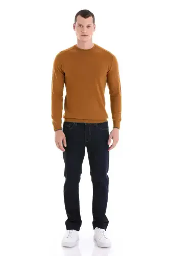 Горчичный Regular Fit Однотонный Трикотаж из Шерсти с Круглым Вырезом - 2