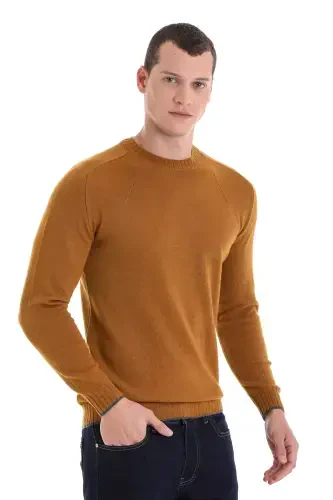 Горчичный Regular Fit Однотонный Трикотаж из Шерсти с Круглым Вырезом - 3