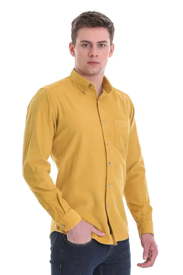 Горчичный Slim Fit Однотонный 100% хлопок Воротник на пуговицах Длинный - 1