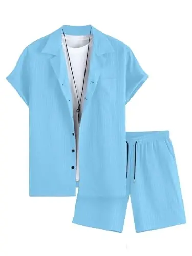 GORGLITTER Men's 2 Piece Outfits Short Sleeve Pocket Button Down Shirt and Drawstring Shorts Set - 1