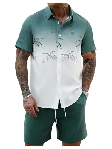 GORGLITTER Men's 2 Piece Outfits Short Sleeve Pocket Button Down Shirt and Drawstring Shorts Set - 1