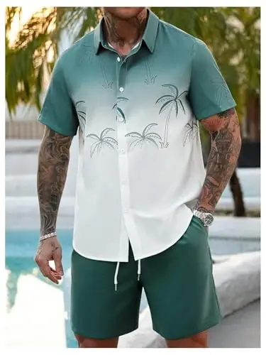 GORGLITTER Men's 2 Piece Outfits Short Sleeve Pocket Button Down Shirt and Drawstring Shorts Set - 4