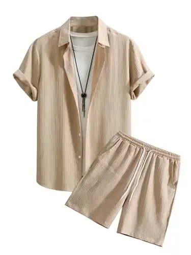 GORGLITTER Men's 2 Piece Outfits Short Sleeve Pocket Button Down Shirt and Drawstring Shorts Set - 1