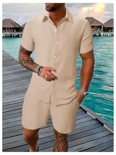 GORGLITTER Men's 2 Piece Outfits Short Sleeve Pocket Button Down Shirt and Drawstring Shorts Set - 3