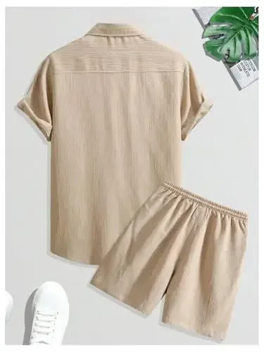 GORGLITTER Men's 2 Piece Outfits Short Sleeve Pocket Button Down Shirt and Drawstring Shorts Set - MODAZONE (1)