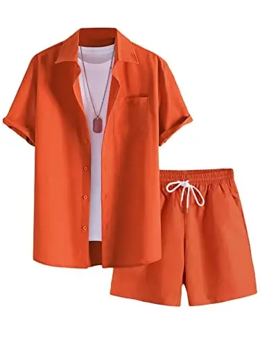 GORGLITTER Men's 2 Piece Outfits Short Sleeve Pocket Button Down Shirt and Drawstring Shorts Set - SHEIN