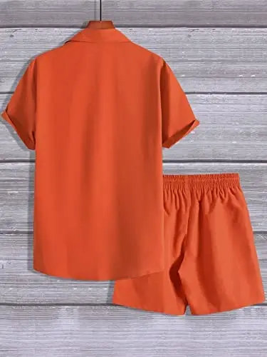 GORGLITTER Men's 2 Piece Outfits Short Sleeve Pocket Button Down Shirt and Drawstring Shorts Set - SHEIN (1)