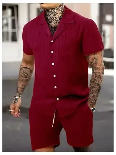 GORGLITTER Men's 2 Piece Outfits Short Sleeve Pocket Button Down Shirt and Drawstring Shorts Set - 3