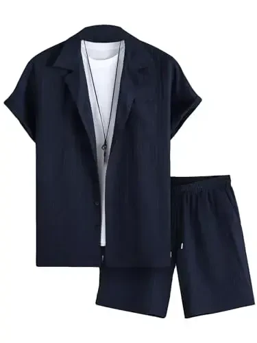 GORGLITTER Men's 2 Piece Outfits Short Sleeve Pocket Button Down Shirt and Drawstring Shorts Set - 1