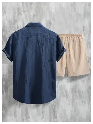 GORGLITTER Men's 2 Piece Outfits Short Sleeve Pocket Button Down Shirt and Drawstring Shorts Set - MODAZONE (1)