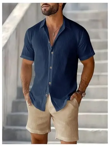 GORGLITTER Men's 2 Piece Outfits Short Sleeve Pocket Button Down Shirt and Drawstring Shorts Set - 3