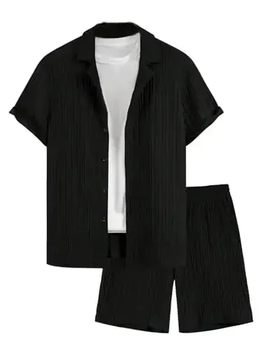 GORGLITTER Men's 2 Piece Outfits Short Sleeve Pocket Button Down Shirt and Drawstring Shorts Set - 1