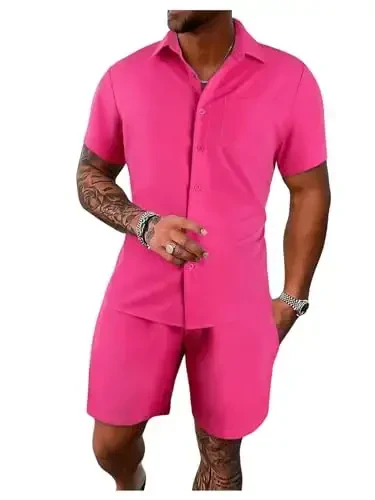 GORGLITTER Men's 2 Piece Outfits Short Sleeve Pocket Button Down Shirt and Drawstring Shorts Set - 1