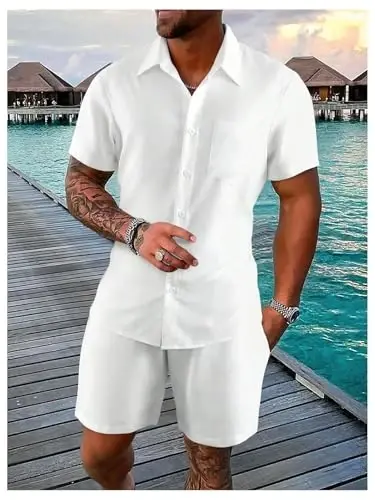 GORGLITTER Men's 2 Piece Outfits Short Sleeve Pocket Button Down Shirt and Drawstring Shorts Set - 3