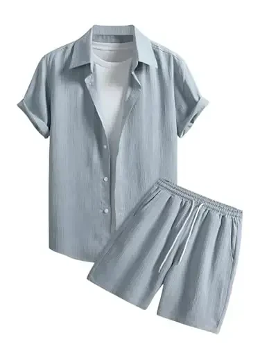 GORGLITTER Men's 2 Piece Outfits Short Sleeve Pocket Button Down Shirt and Drawstring Shorts Set 