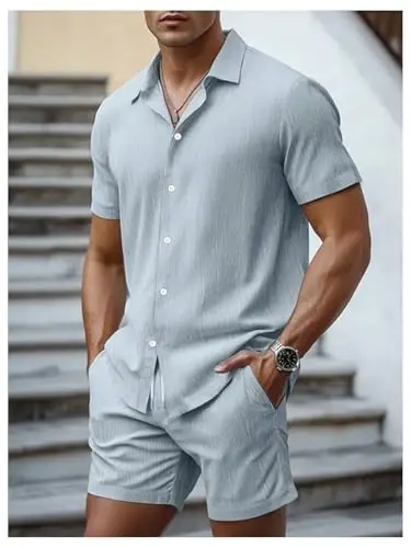 GORGLITTER Men's 2 Piece Outfits Short Sleeve Pocket Button Down Shirt and Drawstring Shorts Set - 3