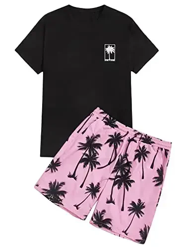 GORGLITTER Men's Two Piece Tracksuits Outfits Hawaiian Graphic Shirt and Shorts Set Light - GORGLITTER