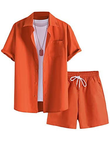 GORGLITTER Men's 2 Piece Outfits Short Sleeve Pocket Button Down Shirt and Drawstring Shorts Set - 1