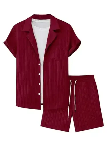 GORGLITTER Men's 2 Piece Outfits Short Sleeve Pocket Button Down Shirt and Drawstring Shorts Set 