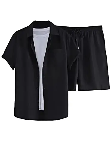 GORGLITTER Men's 2 Piece Outfits Short Sleeve Pocket Button Down Shirt and Drawstring Shorts Set 