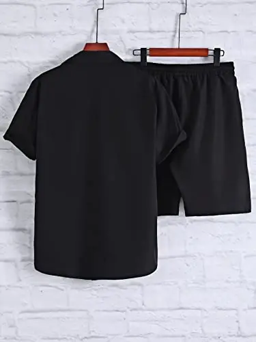 GORGLITTER Men's 2 Piece Outfits Short Sleeve Pocket Button Down Shirt and Drawstring Shorts Set - 2
