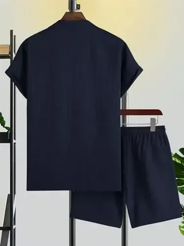 GORGLITTER Men's 2 Piece Outfits Short Sleeve Pocket Button Down Shirt and Drawstring Shorts Set - 2