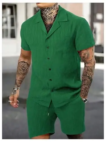 GORGLITTER Men's 2 Piece Outfits Short Sleeve Pocket Button Down Shirt and Drawstring Shorts Set - 3