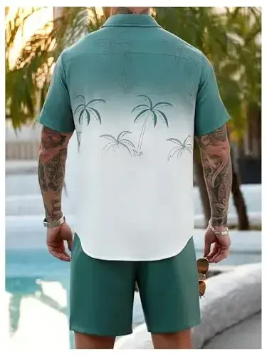 GORGLITTER Men's 2 Piece Outfits Short Sleeve Pocket Button Down Shirt and Drawstring Shorts Set - 2