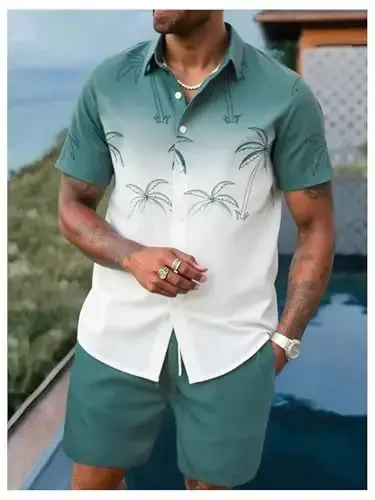 GORGLITTER Men's 2 Piece Outfits Short Sleeve Pocket Button Down Shirt and Drawstring Shorts Set - 3