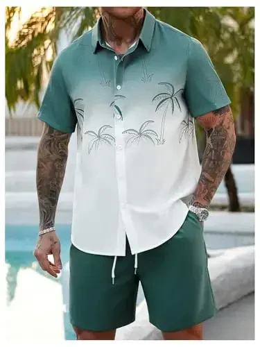 GORGLITTER Men's 2 Piece Outfits Short Sleeve Pocket Button Down Shirt and Drawstring Shorts Set - 4