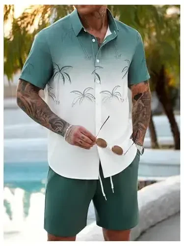 GORGLITTER Men's 2 Piece Outfits Short Sleeve Pocket Button Down Shirt and Drawstring Shorts Set - 5