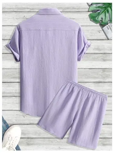 GORGLITTER Men's 2 Piece Outfits Short Sleeve Pocket Button Down Shirt and Drawstring Shorts Set - 2