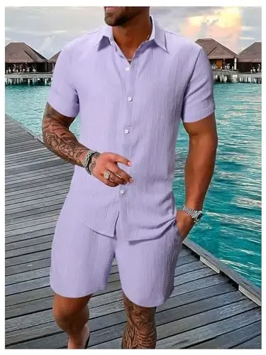 GORGLITTER Men's 2 Piece Outfits Short Sleeve Pocket Button Down Shirt and Drawstring Shorts Set - 5
