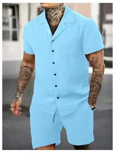 GORGLITTER Men's 2 Piece Outfits Short Sleeve Pocket Button Down Shirt and Drawstring Shorts Set - 3