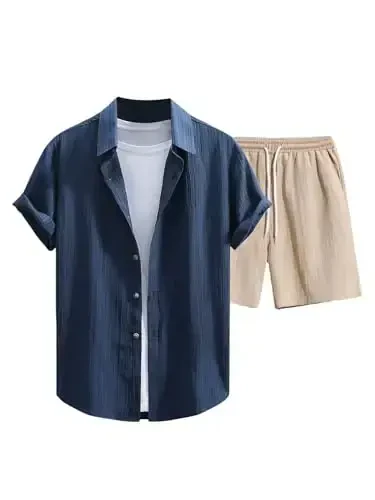GORGLITTER Men's 2 Piece Outfits Short Sleeve Pocket Button Down Shirt and Drawstring Shorts Set 