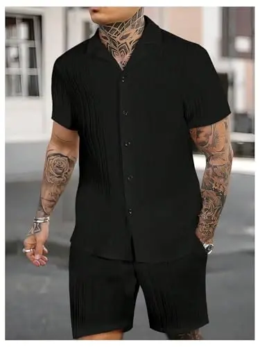 GORGLITTER Men's 2 Piece Outfits Short Sleeve Pocket Button Down Shirt and Drawstring Shorts Set - 8