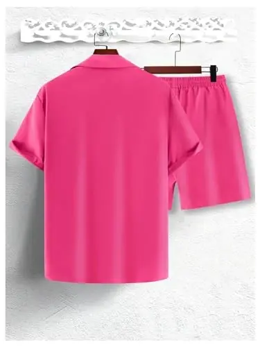 GORGLITTER Men's 2 Piece Outfits Short Sleeve Pocket Button Down Shirt and Drawstring Shorts Set - 7