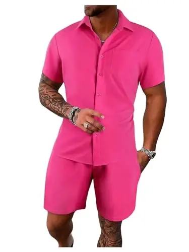 GORGLITTER Men's 2 Piece Outfits Short Sleeve Pocket Button Down Shirt and Drawstring Shorts Set - 1