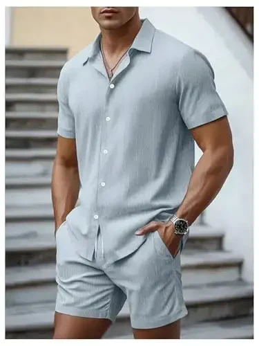 GORGLITTER Men's 2 Piece Outfits Short Sleeve Pocket Button Down Shirt and Drawstring Shorts Set - 3