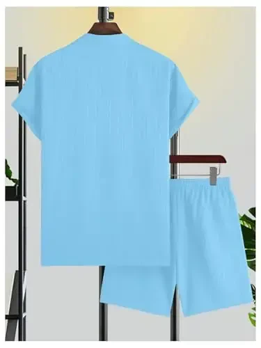 GORGLITTER Men's 2 Piece Outfits Short Sleeve Pocket Button Down Shirt and Drawstring Shorts Set - SHEIN (1)