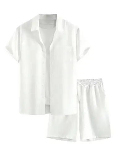 GORGLITTER Men's 2 Piece Outfits Short Sleeve Pocket Button Down Shirt and Drawstring Shorts Set - GORGLITTER
