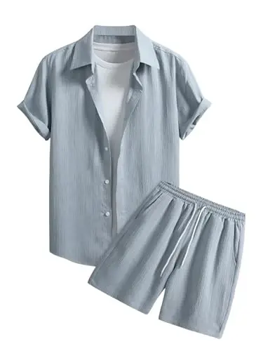 GORGLITTER Men's 2 Piece Outfits Short Sleeve Pocket Button Down Shirt and Drawstring Shorts Set - 1