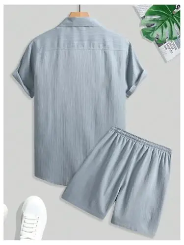 GORGLITTER Men's 2 Piece Outfits Short Sleeve Pocket Button Down Shirt and Drawstring Shorts Set - SHEIN (1)